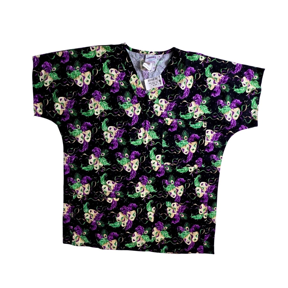S.C.R.U.B.S. Mardi Gras Mask Peacock Feather Scrub Top Med Black VNck Cotton NWT